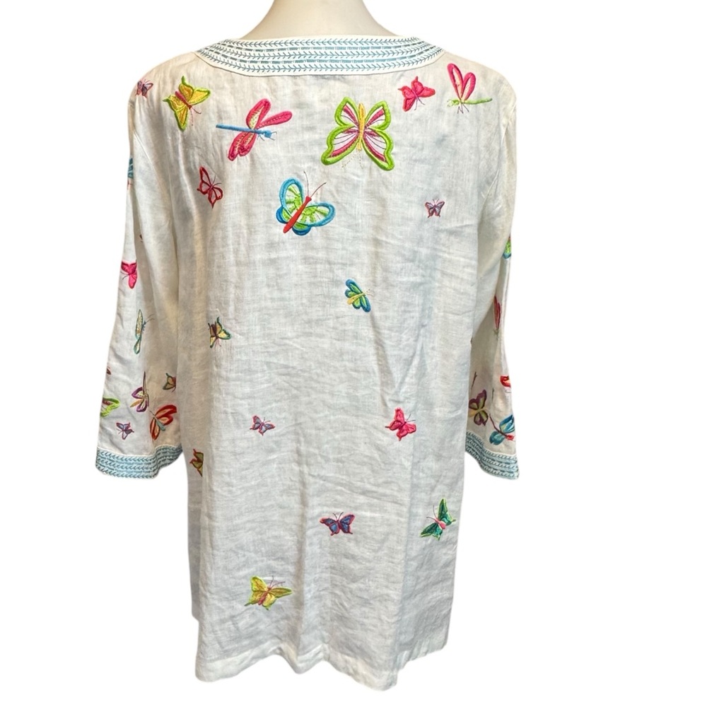John Mark White Tunic with Multicolor Butterfly Embroidery and Aqua Trim - Picture 7 of 10